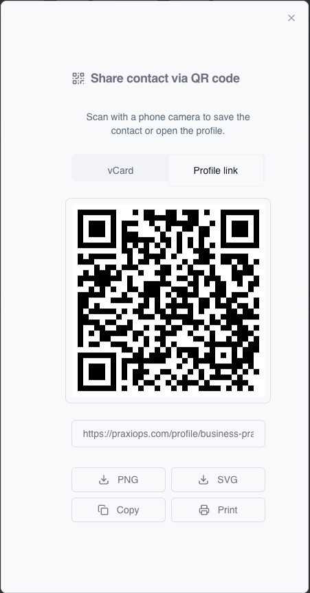 Share contact via QR code dialog with vCard and Profile link tabs